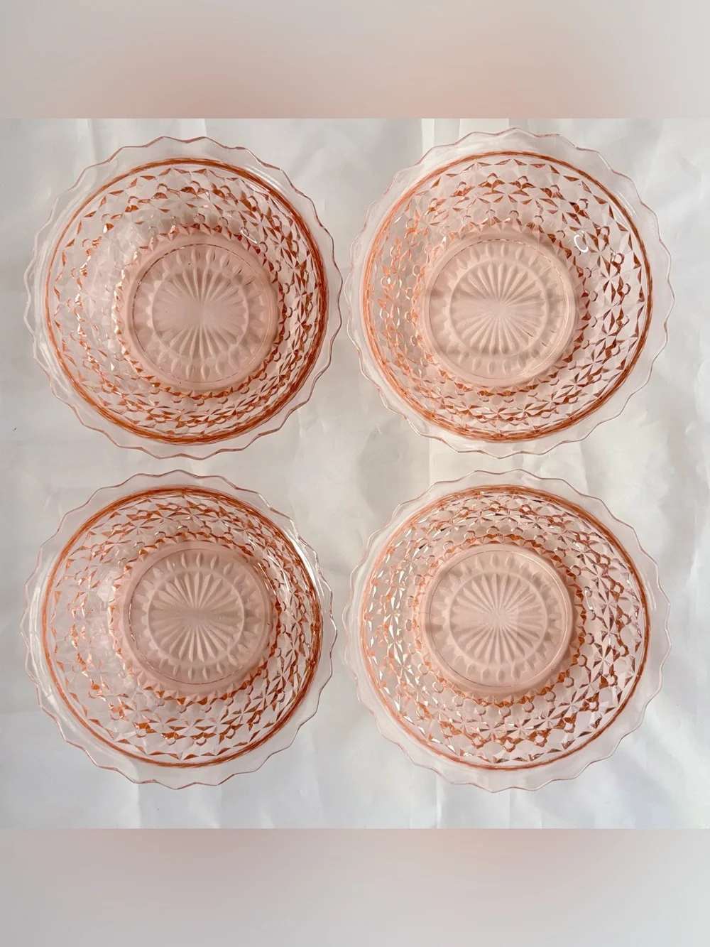 4 Vintage Jeanette Holiday Button Bow Pink Depression Glass Berry Dessert Bowl